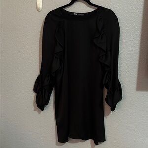 Zara Elegant Black Frilly Long Sleeve Dress - Large